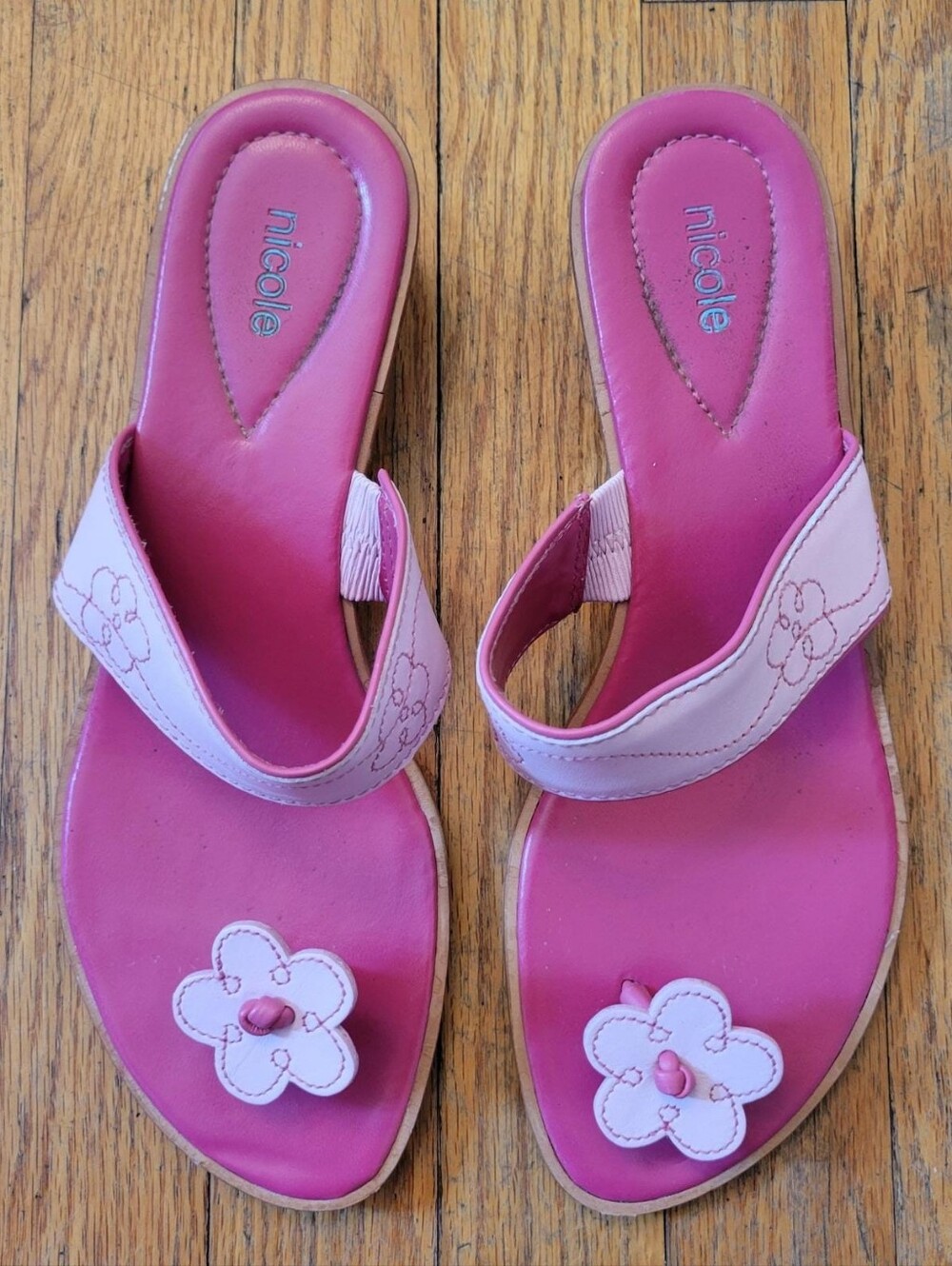 Vintage Nicole Pink Leather Flower Wedge Sandals Y2K Size 8.5